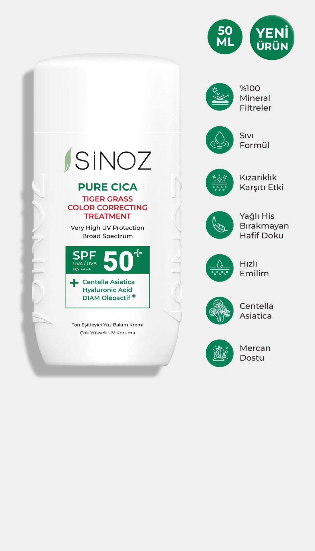 Sinoz SPF50+ Pure Cica Tiger Grass Anında Ton Eşitleyici Fluid Yüz Güneş Kremi Mineral Filtre 50ml
