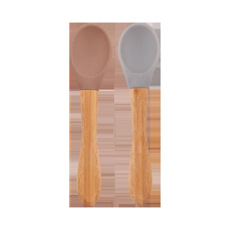 Oioi Silikon Mama Kaşığı Bambu Saplı 2'li - Woody Broown/Powder Grey