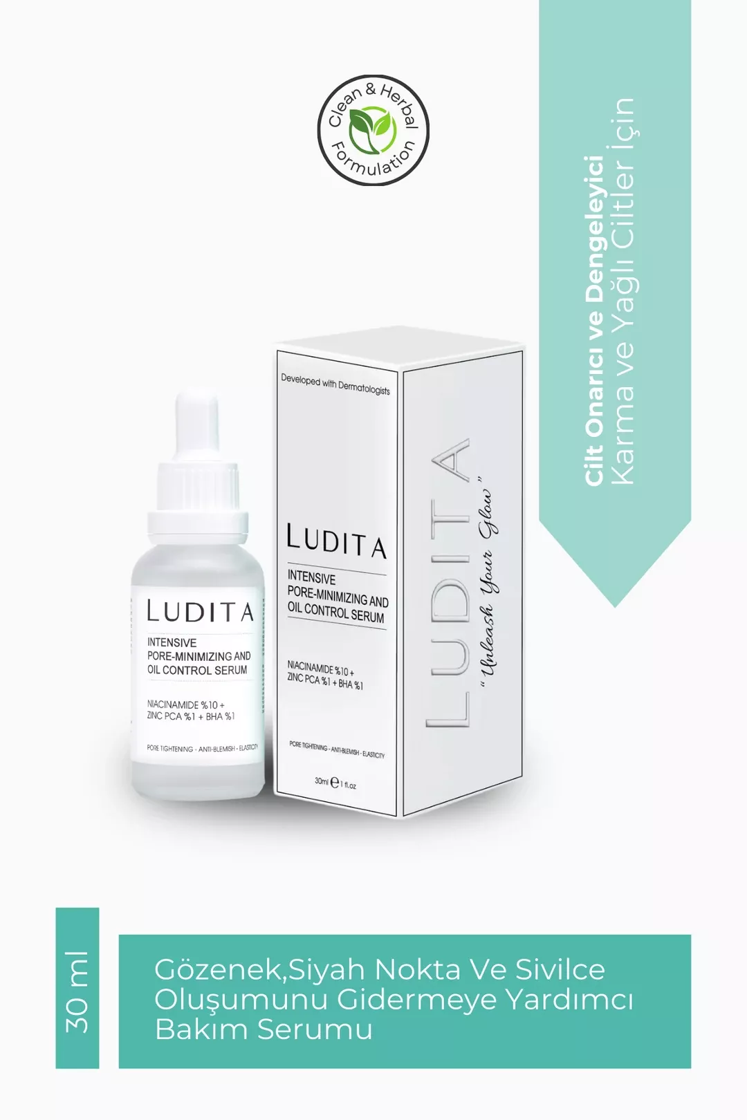 Ludita Siyah Nokta ve Sivilce Gidermeye Yardımcı Bakım Serumu Niacinamide%10+Zinc Pca%1+Bha %1 30 ml